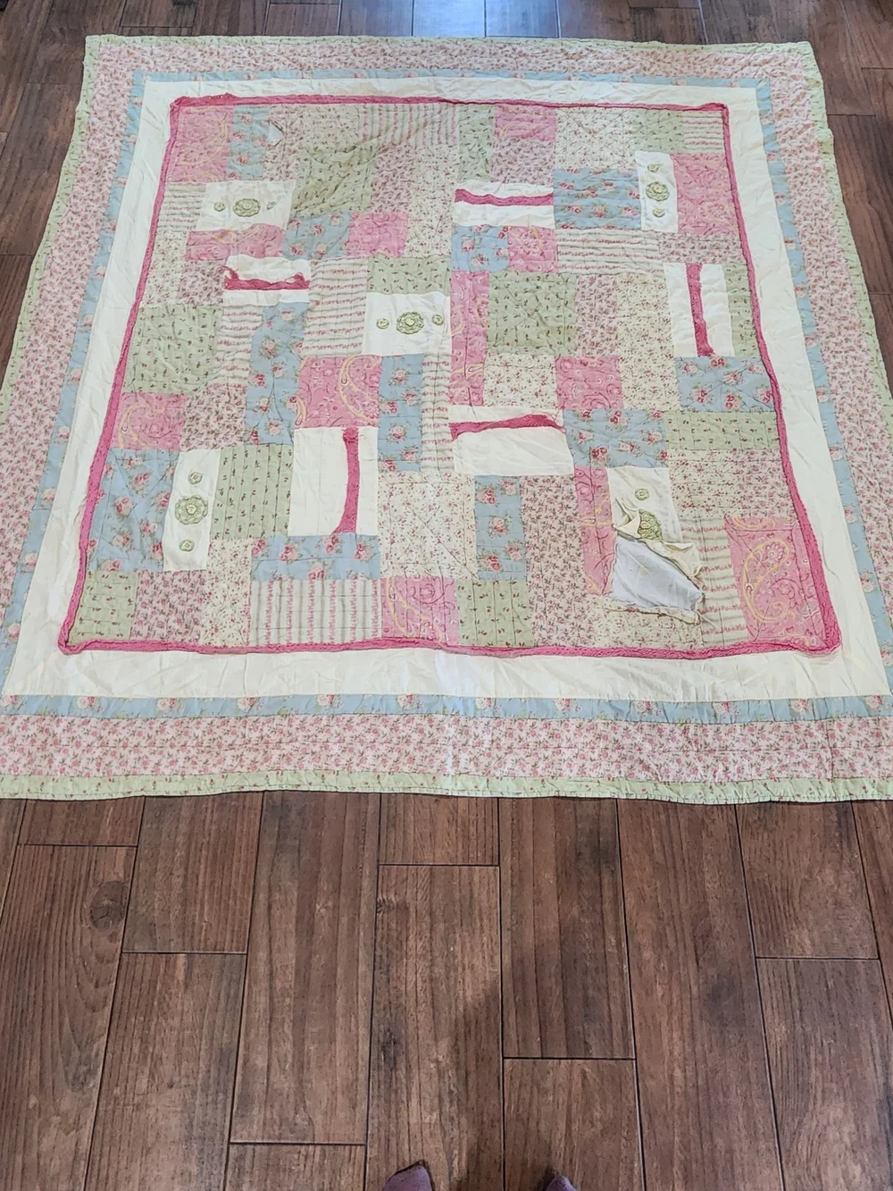 Handmade Pastel Patchwork Quilt Throw - Pink, Blue & Green 80x75